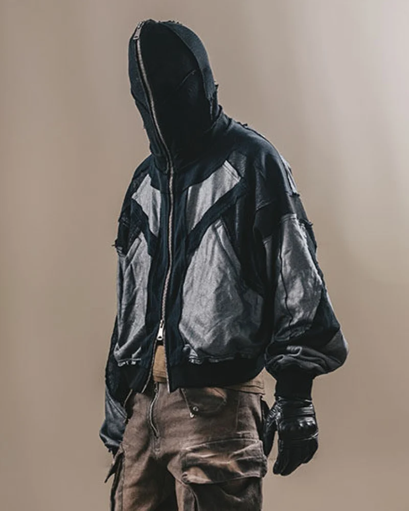 Wasteland-Style Distressed Layered Patchwork Zip-Up Hoodie