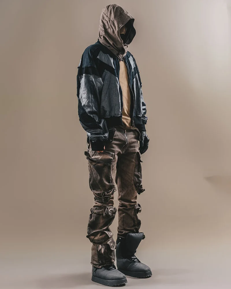 Wasteland-Style Distressed Layered Patchwork Zip-Up Hoodie