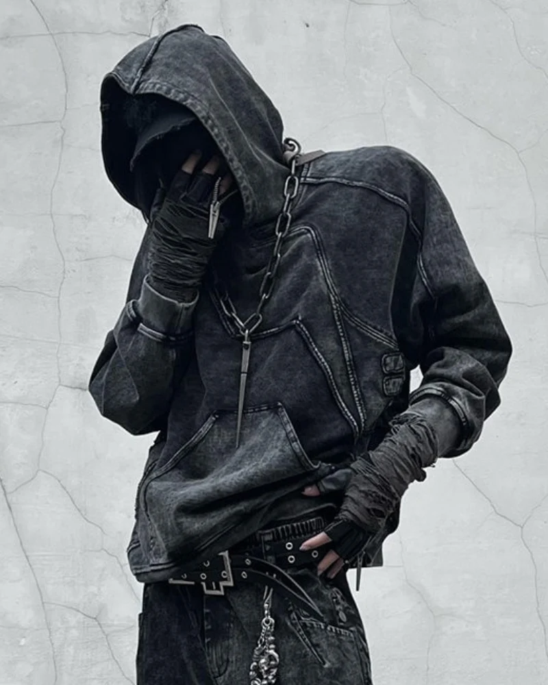 Post-Apocalyptic Geometric Panel Split Distressed Hoodie