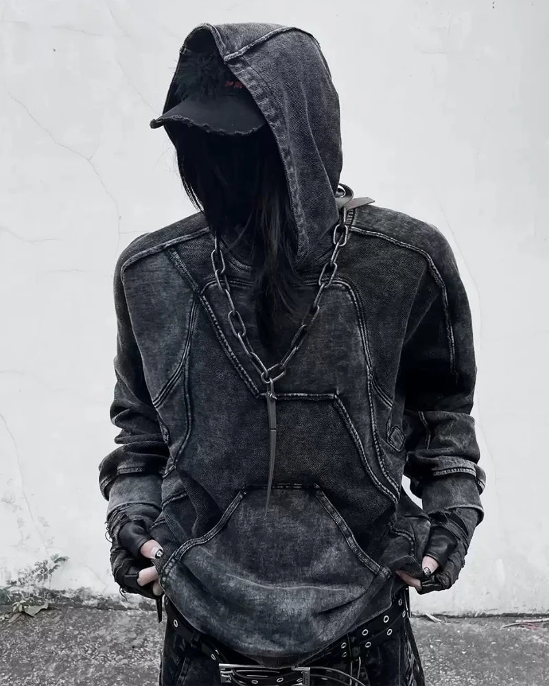 Post-Apocalyptic Geometric Panel Split Distressed Hoodie