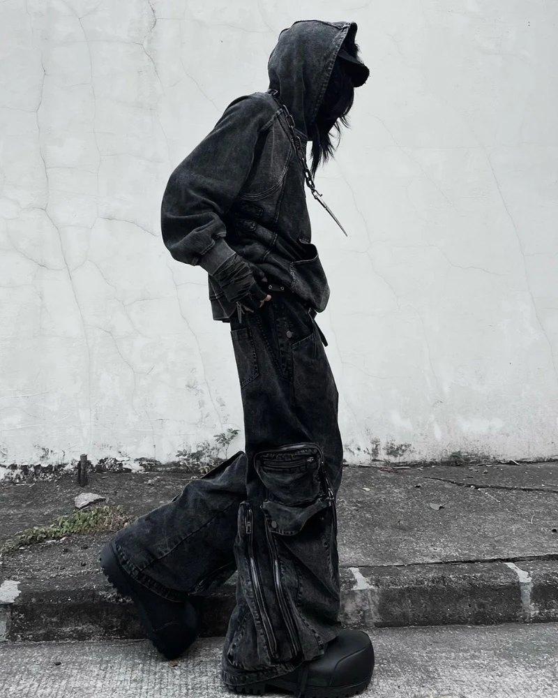 Post-Apocalyptic Geometric Panel Split Distressed Hoodie