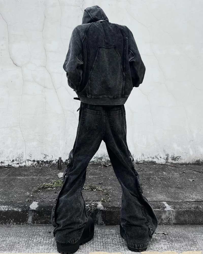 Post-Apocalyptic Geometric Panel Split Distressed Hoodie