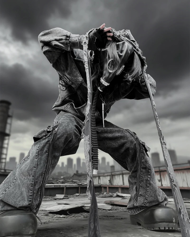 Post-Apocalyptic Geometric Panel Split Distressed Hoodie