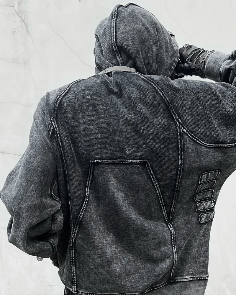 Post-Apocalyptic Geometric Panel Split Distressed Hoodie