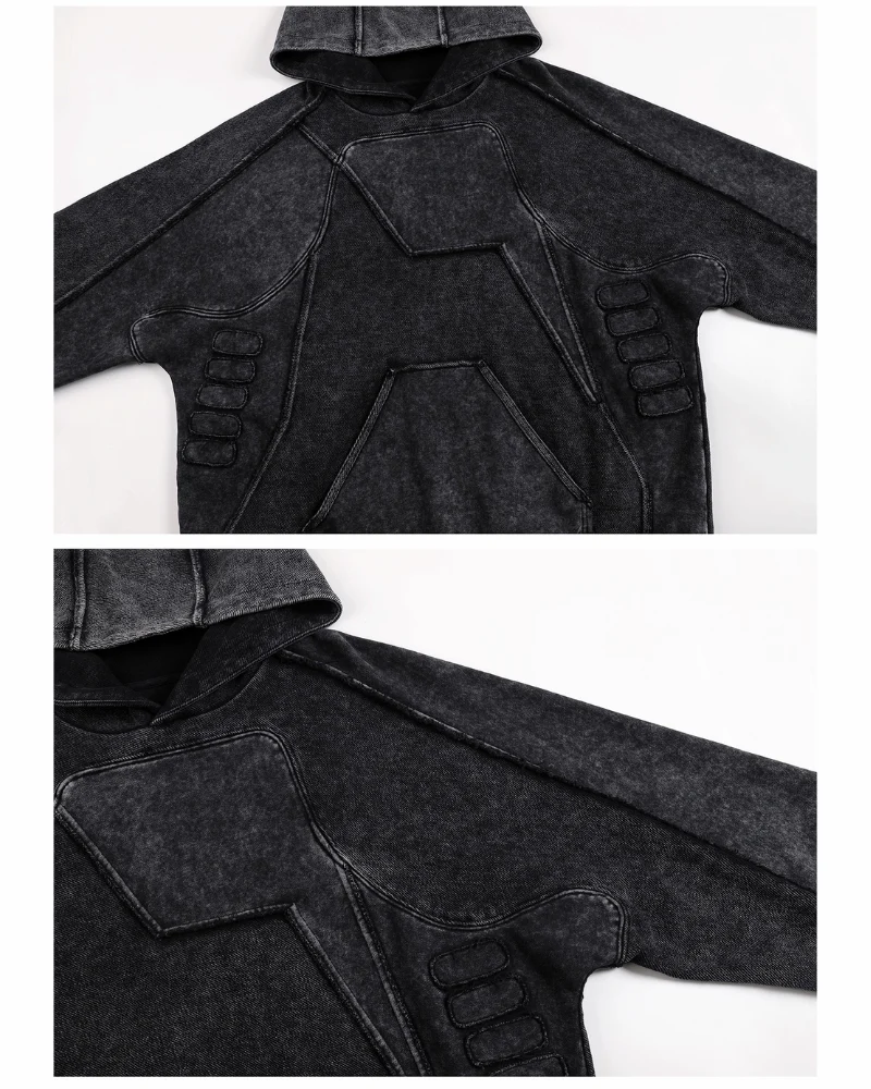 Post-Apocalyptic Geometric Panel Split Distressed Hoodie