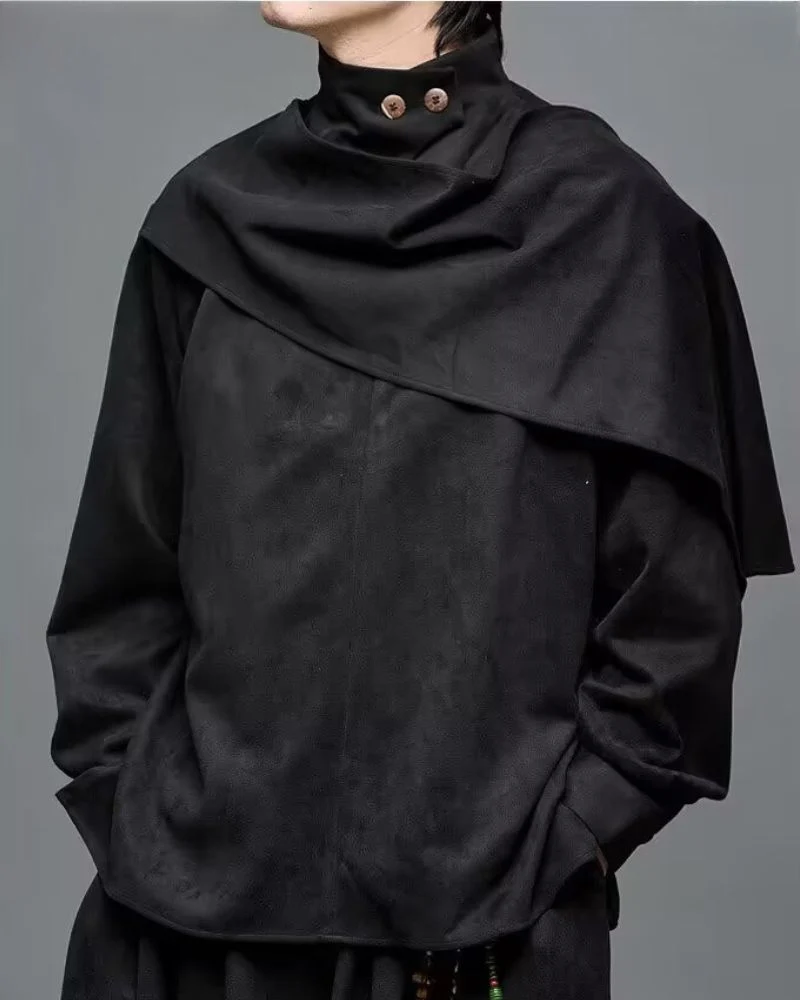 Modern Japanese Shawl Collar Faux Suede Sweatshirt
