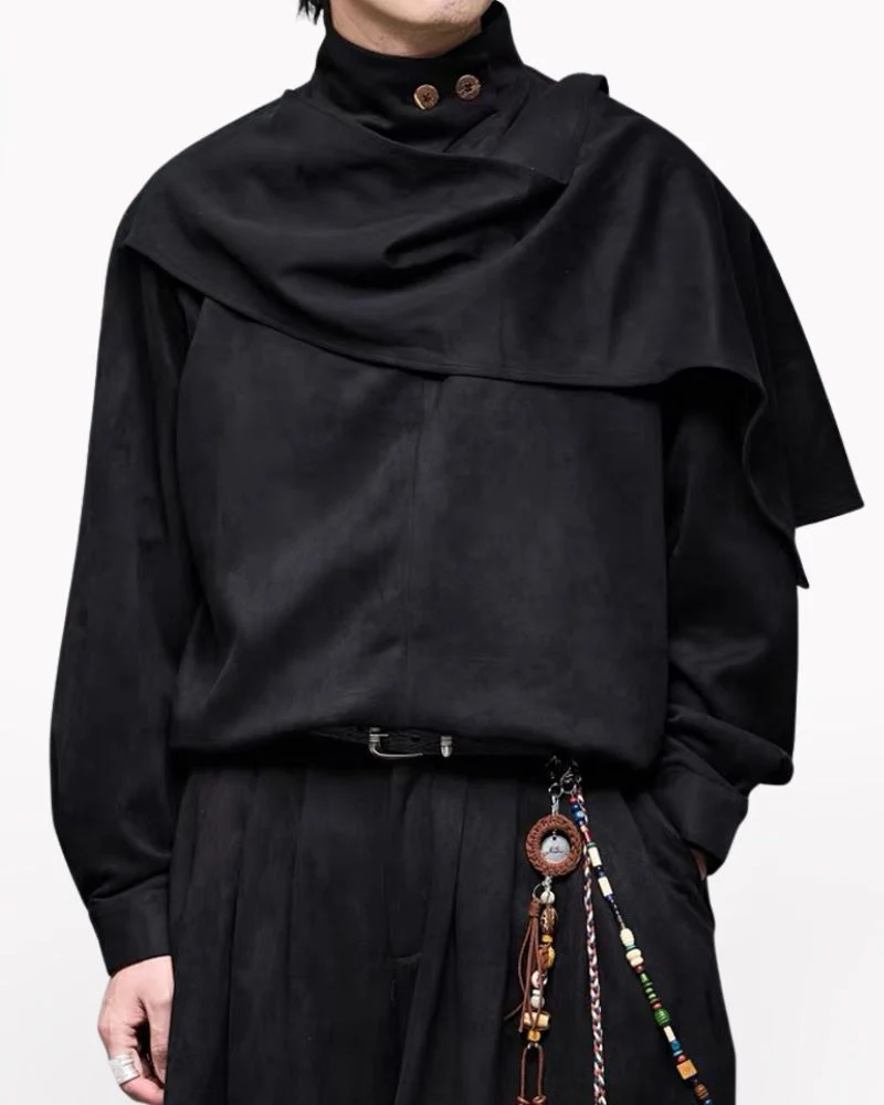 Modern Japanese Shawl Collar Faux Suede Sweatshirt