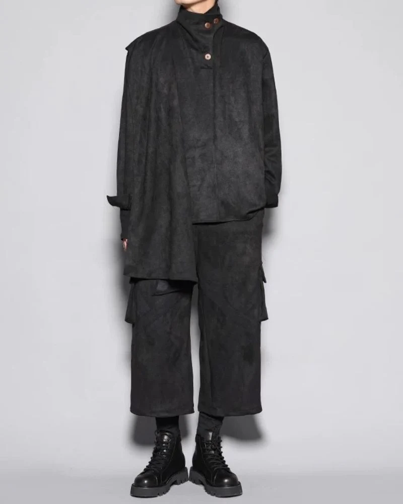 Modern Japanese Shawl Collar Faux Suede Sweatshirt
