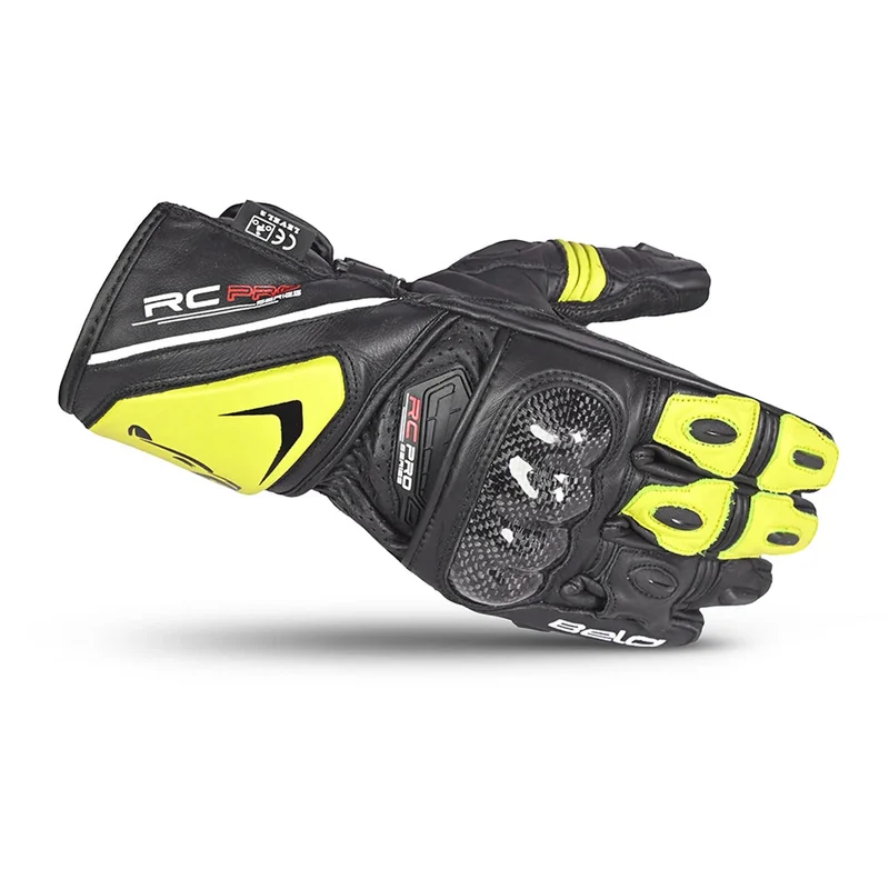 BELA ROCKET GUANTES DE MOTO LARGOS HOMBRE PIEL NEGRO AMARILLO FLOUR