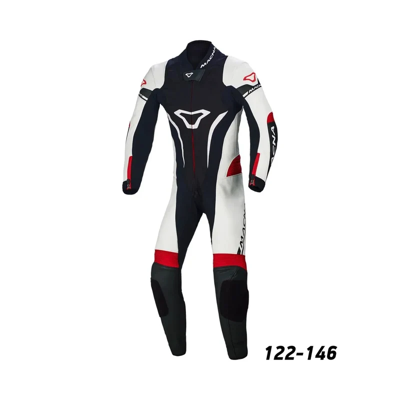 MACNA JUNIOR 1 PIEZA MOTO PERFORADO TRAJE DE CUERO NEGRO BLANCO ROJO