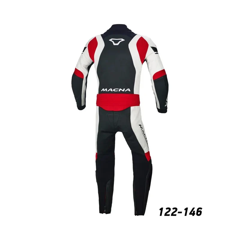 MACNA JUNIOR 1 PIEZA MOTO PERFORADO TRAJE DE CUERO NEGRO BLANCO ROJO