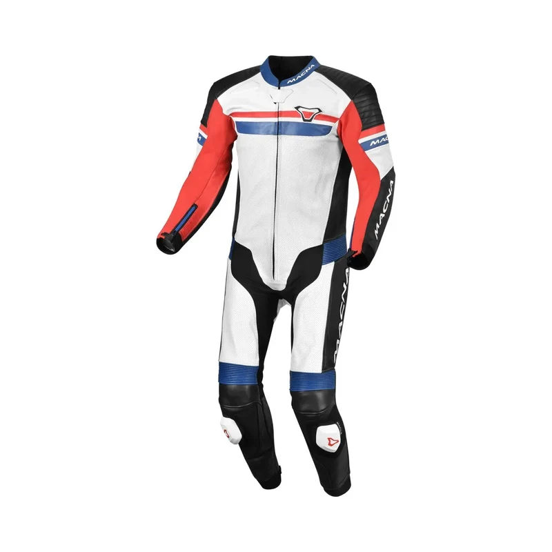 MACNA DIABRO 1 PIEZA MOTO PERFORADO TRAJE DE CUERO BLANCO ROJO AZUL