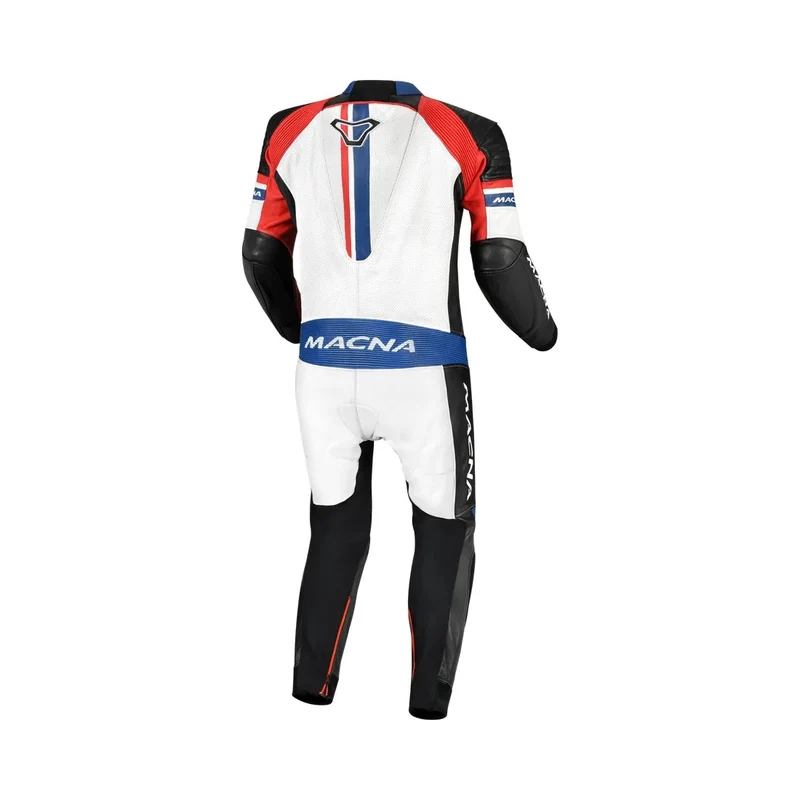 MACNA DIABRO 1 PIEZA MOTO PERFORADO TRAJE DE CUERO BLANCO ROJO AZUL