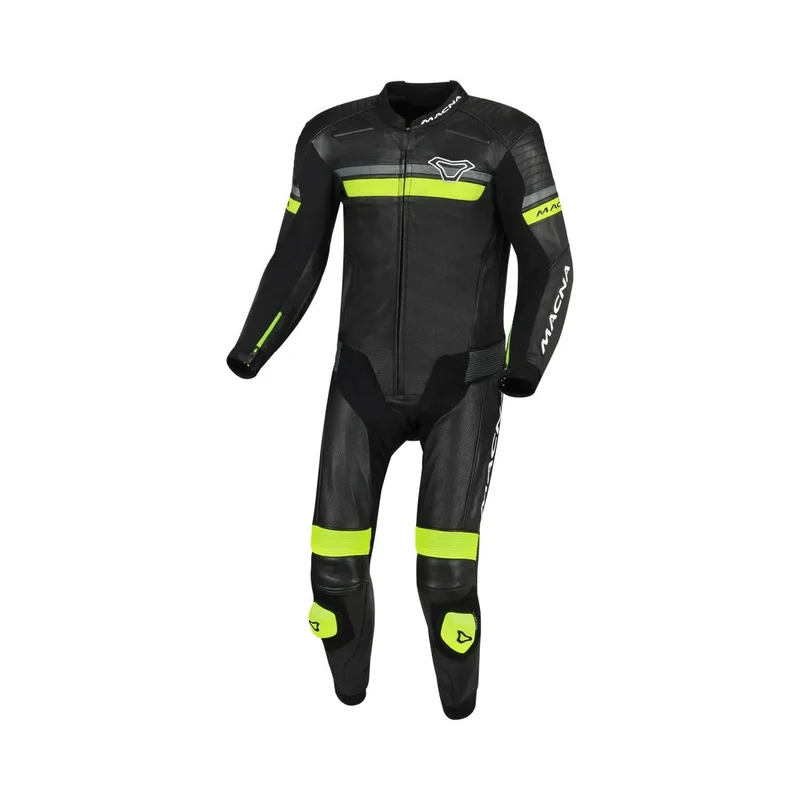 MACNA DIABRO 1 PIEZA MOTO PERFORADO TRAJE DE CUERO NEGRO AMARILLO FLUO