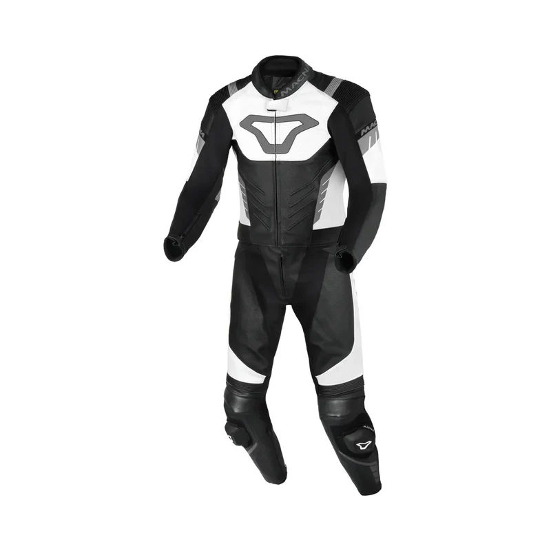 MACNA VARSHALL 2 PIEZA MOTO PERFORADO TRAJE DE CUERO NEGRO BLANCO