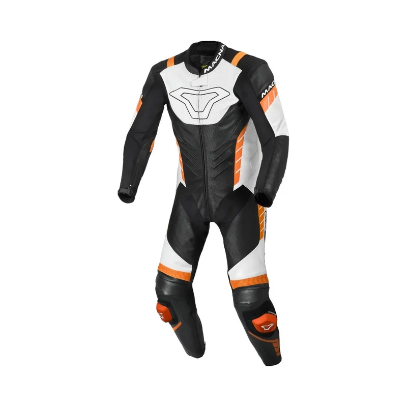 MACNA VARSHALL 1 PIEZA MOTO PERFORADO TRAJE DE CUERO NEGRO NARANJA BLANCO