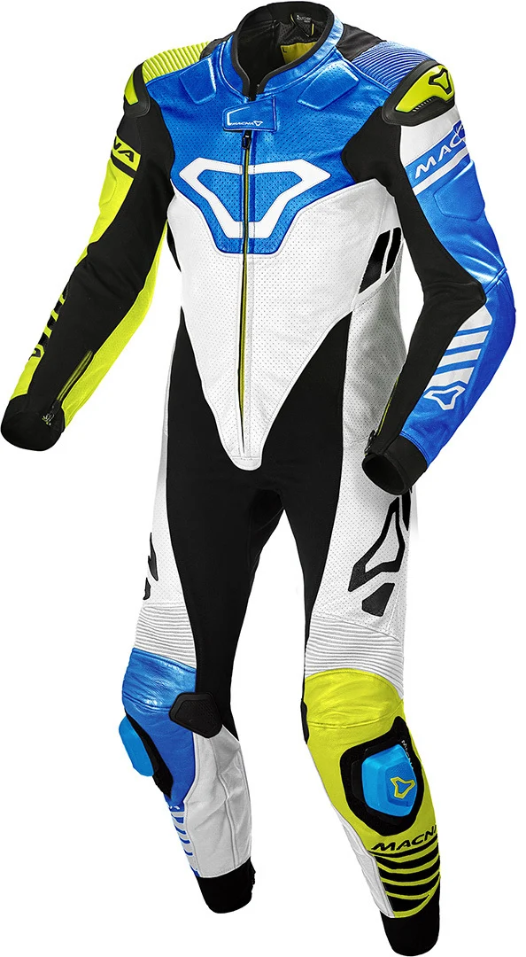 MACNA TRACKTIX 1 PIEZA MOTO PERFORADO TRAJE DE CUERO BLANCO AMARILLO FLUO AZUL
