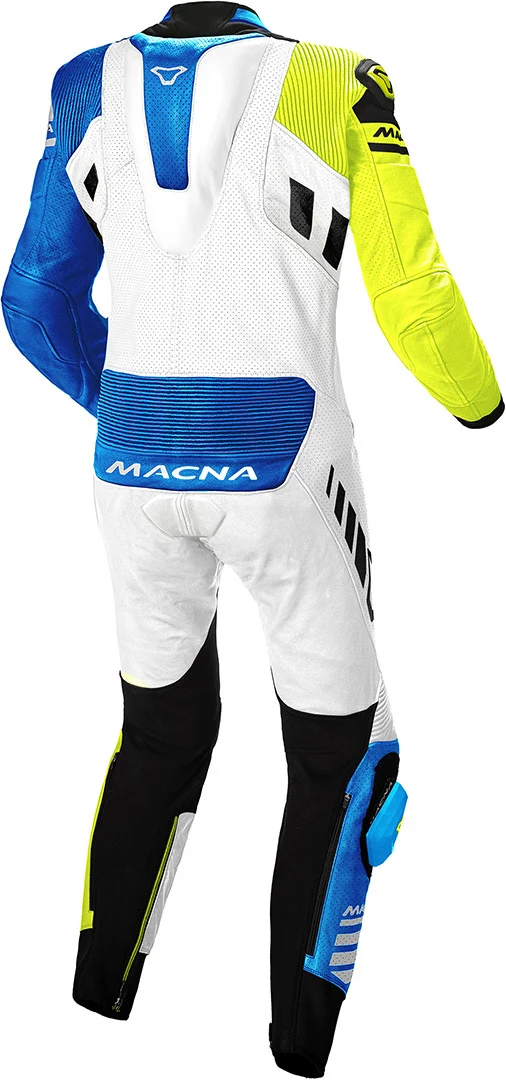 MACNA TRACKTIX 1 PIEZA MOTO PERFORADO TRAJE DE CUERO BLANCO AMARILLO FLUO AZUL