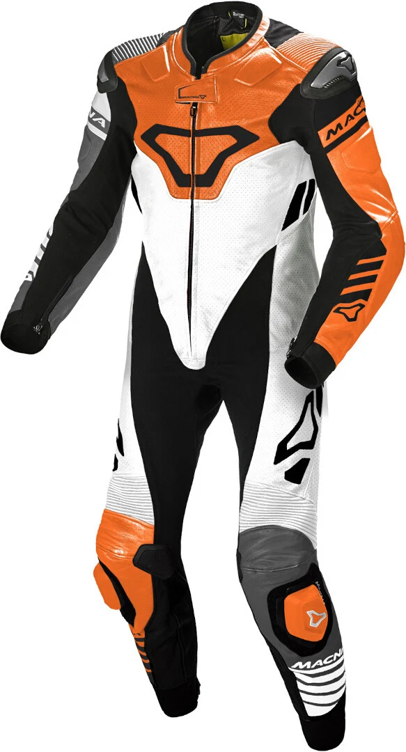 MACNA TRACKTIX 1 PIEZA MOTO PERFORADO TRAJE DE CUERO BLANCO NEGRO NARANJA
