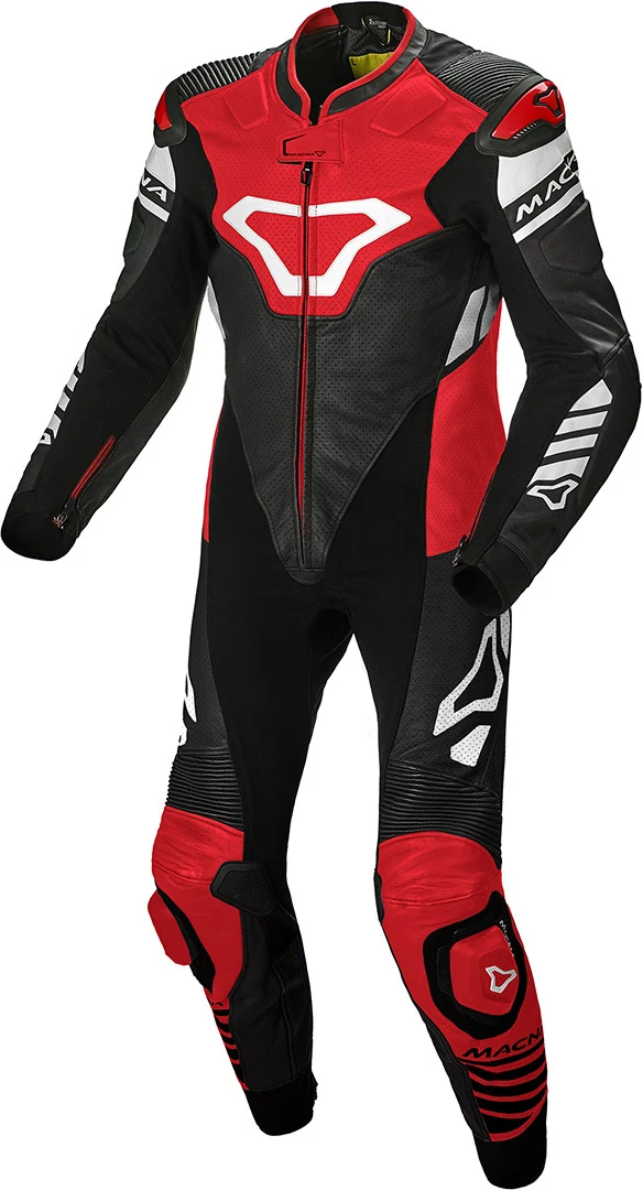 MACNA TRACKTIX 1 PIEZA MOTO PERFORADO TRAJE DE CUERO NEGRO ROJO BLANCO