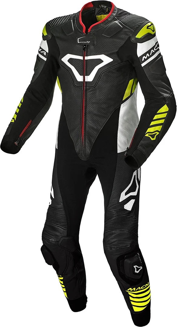MACNA TRACKTIX 1 PIEZA MOTO PERFORADO TRAJE DE CUERO NEGRO BLANCO AMARILLO