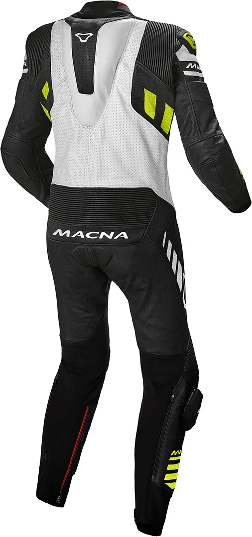 MACNA TRACKTIX 1 PIEZA MOTO PERFORADO TRAJE DE CUERO NEGRO BLANCO AMARILLO