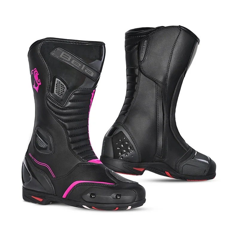 BELA STRIP PIEL BOTAS DE MOTO DE TOURING MUJER NEGRO ROSA FLOUR