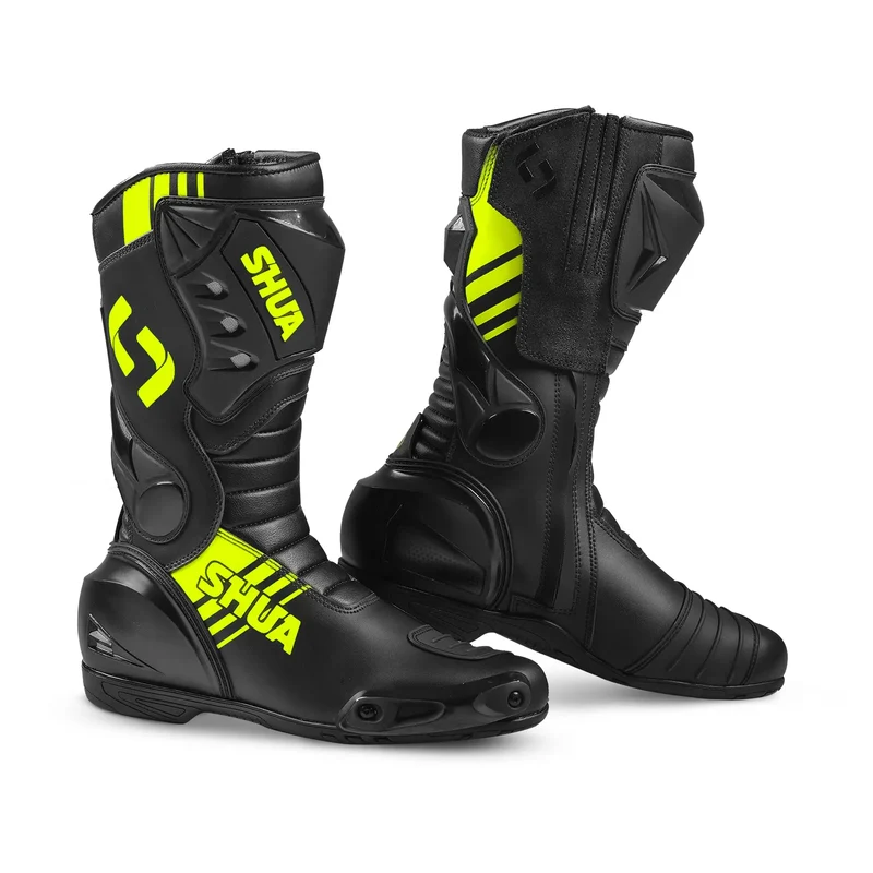 SHUA SUPER TECH BOTAS DE MOTO PIEL NEGRO AMARILLO FLOUR