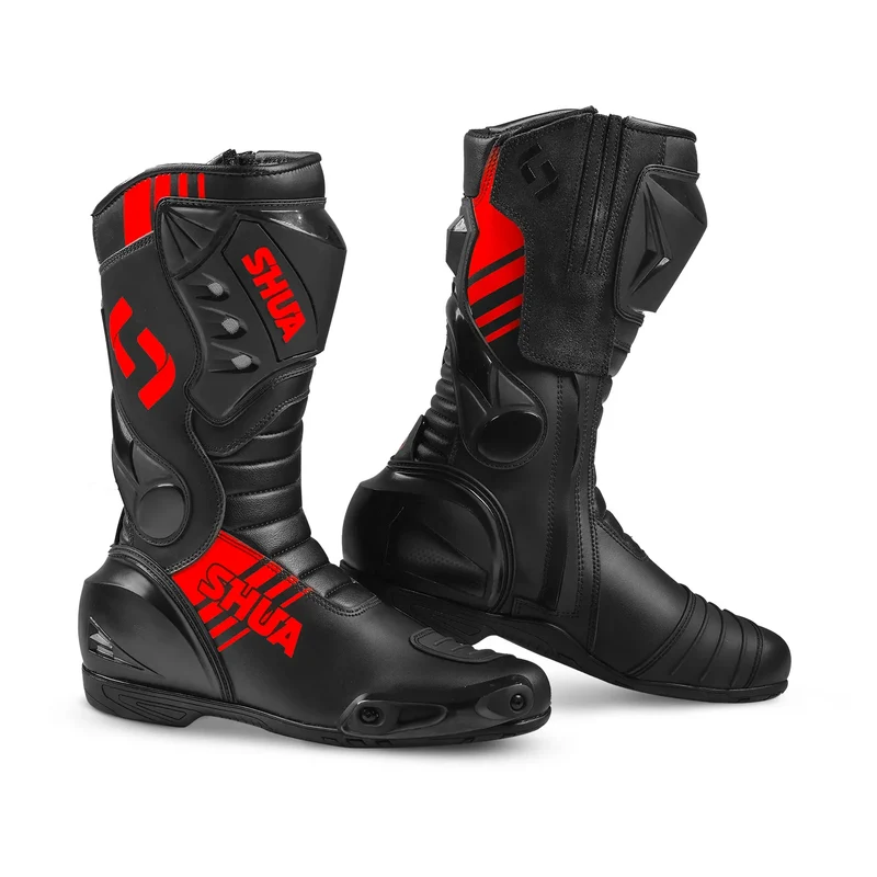 SHUA SUPER TECH BOTAS DE MOTO PIEL NEGRO ROJO