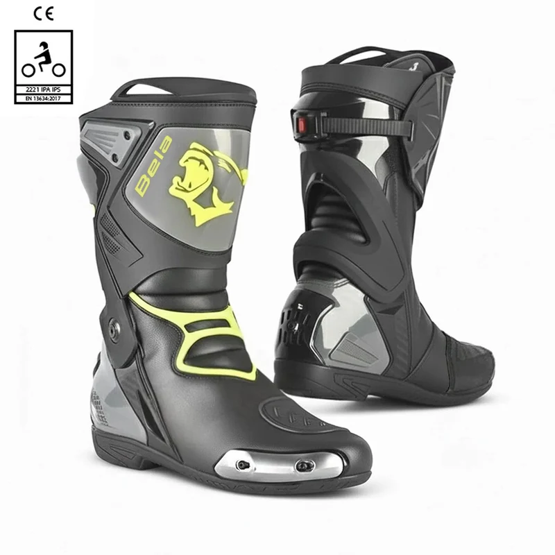 BELA RACE PRO (R-6) BOTAS DE MOTO DE RACING PIEL NEGRO GRIS AMARILLO