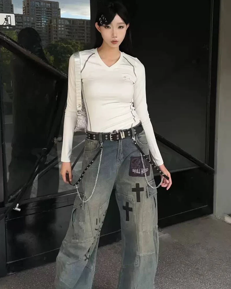 Street Washed Chains Denim Pants | Y2K Jeans