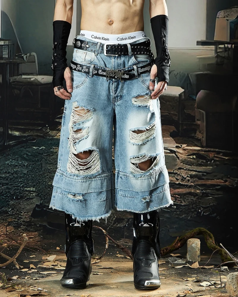 Street Unisex Double Waist Ripped Baggy Jorts