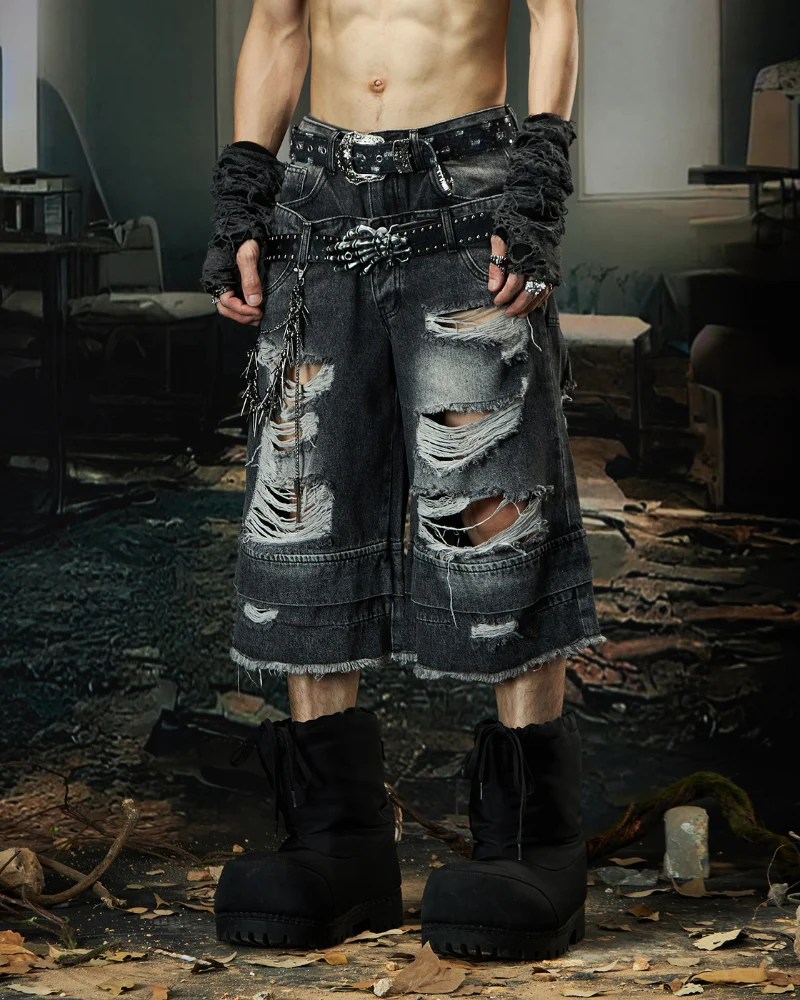 Street Unisex Double Waist Ripped Baggy Jorts