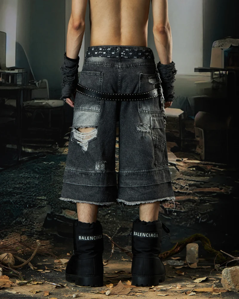 Street Unisex Double Waist Ripped Baggy Jorts