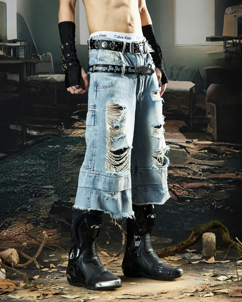 Street Unisex Double Waist Ripped Baggy Jorts