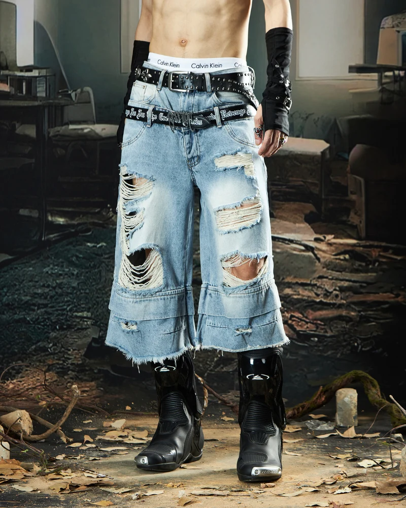 Street Unisex Double Waist Ripped Baggy Jorts