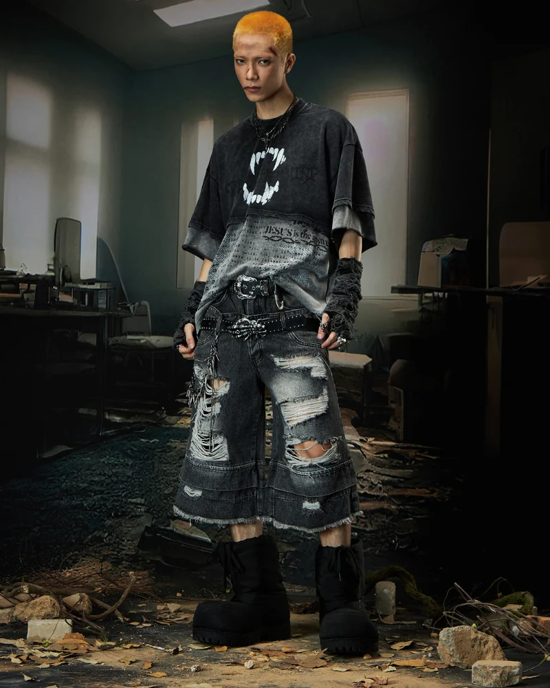 Street Unisex Double Waist Ripped Baggy Jorts