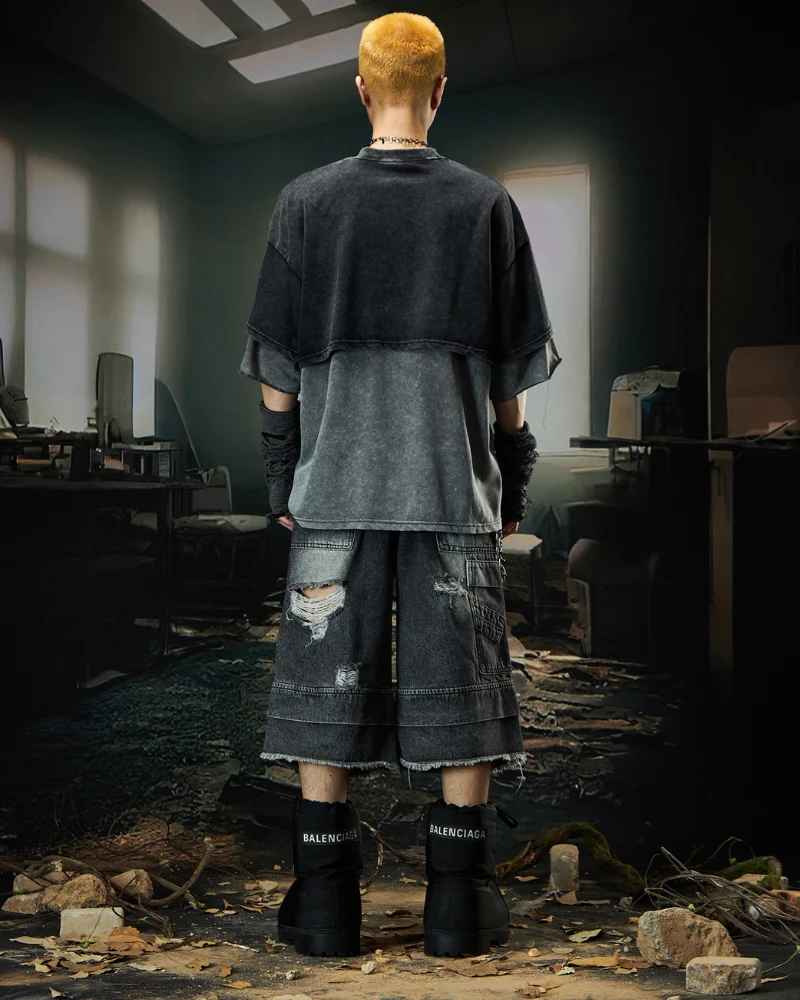 Street Unisex Double Waist Ripped Baggy Jorts
