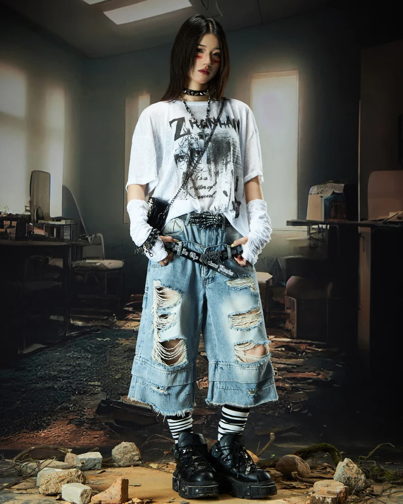 Street Unisex Double Waist Ripped Baggy Jorts