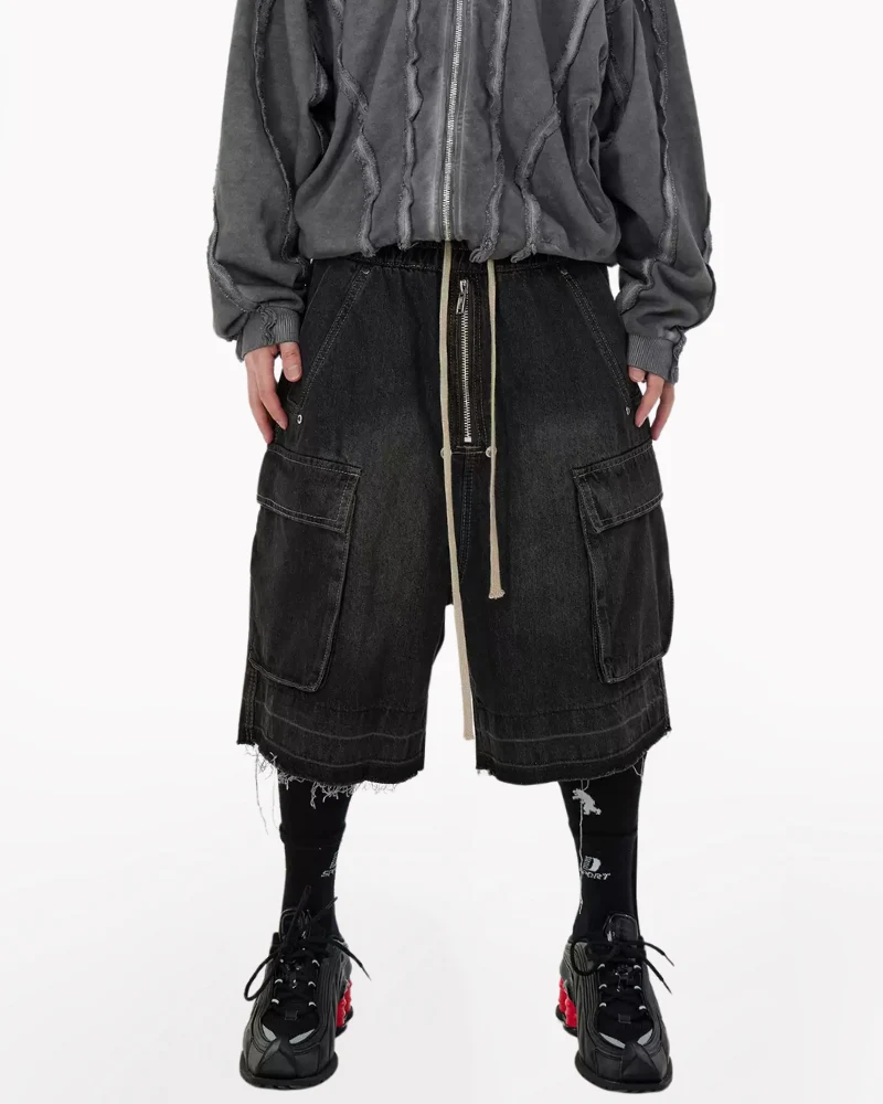 Streetwear Washed Raw Edge Cargo Baggy Jorts