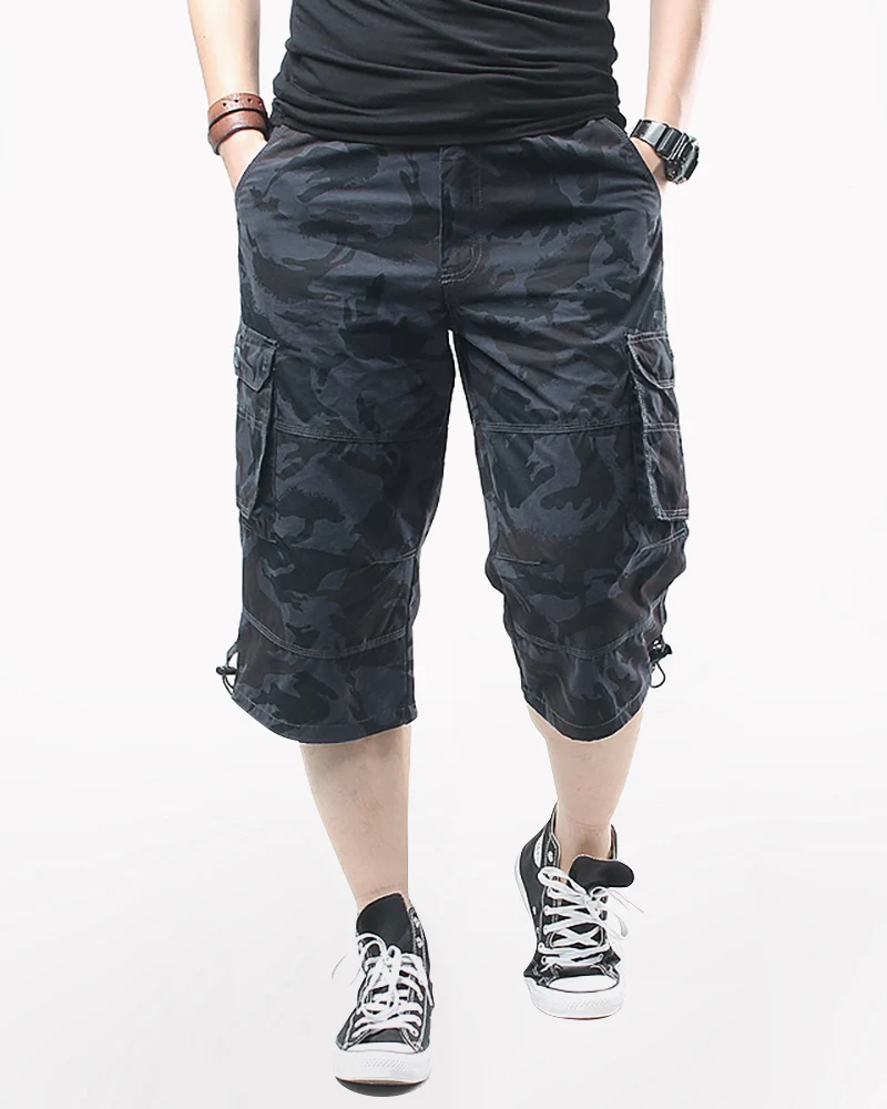 Black Oversize Long Camo Cargo Shorts