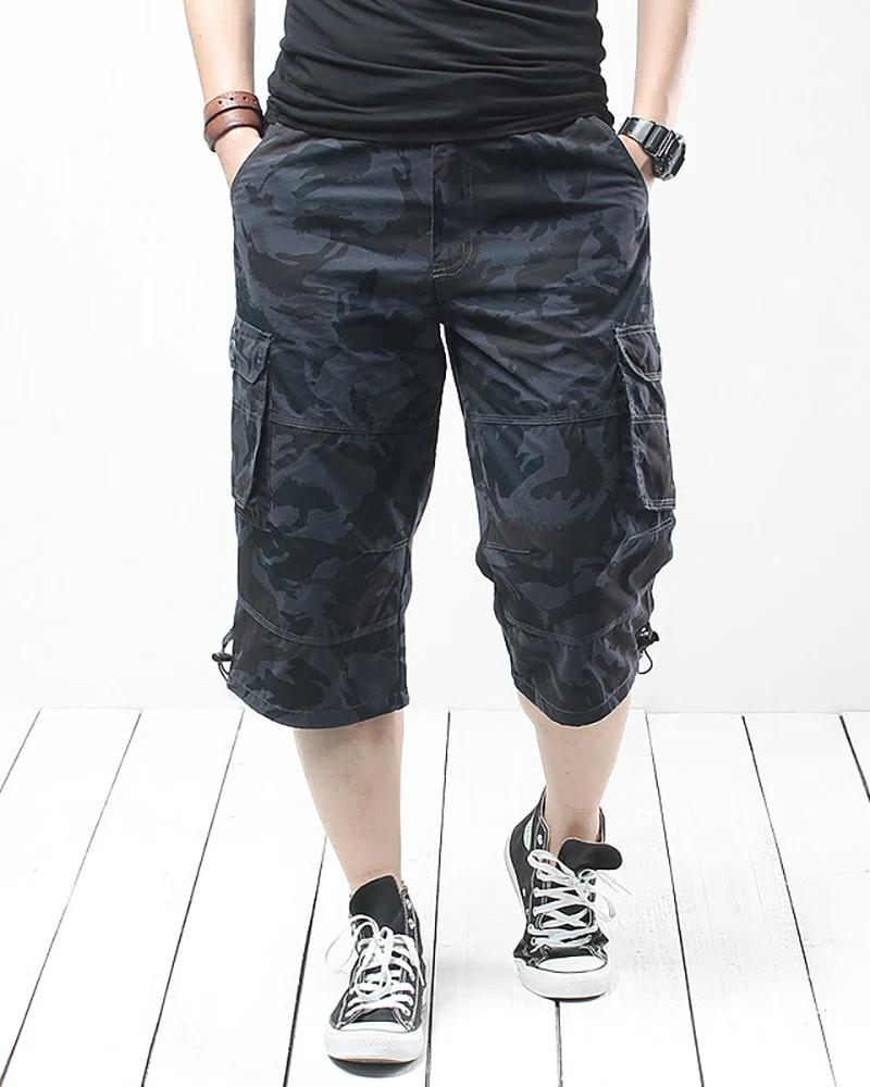 Black Oversize Long Camo Cargo Shorts