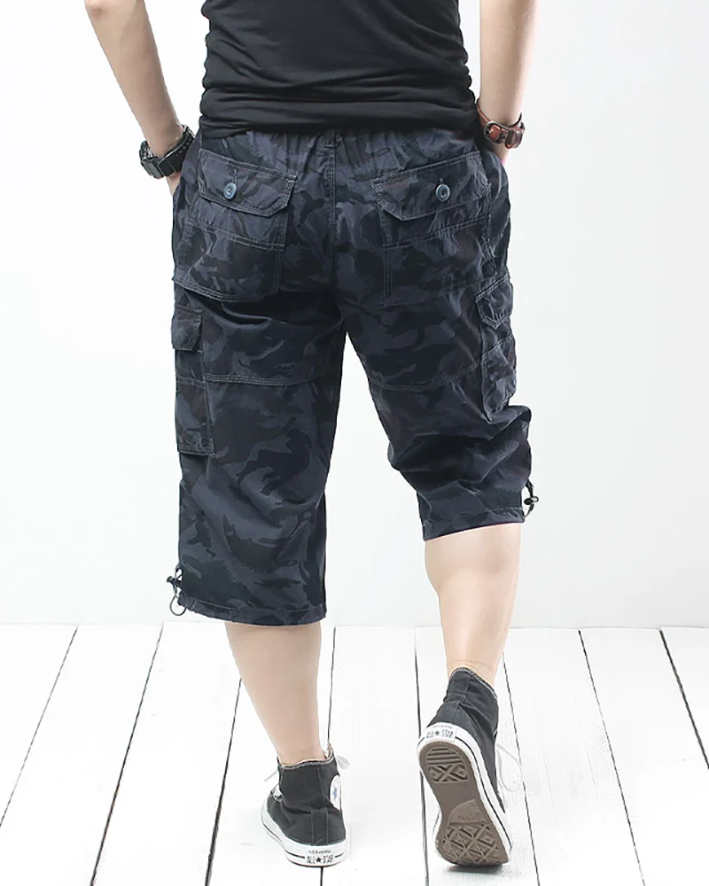Black Oversize Long Camo Cargo Shorts