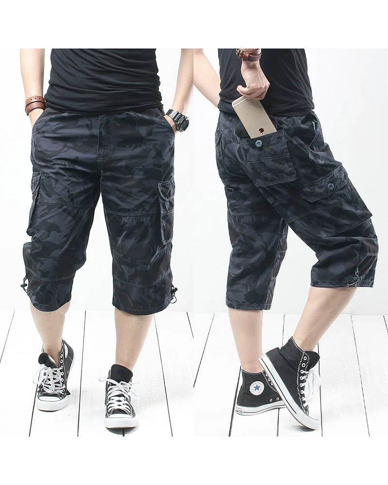 Black Oversize Long Camo Cargo Shorts