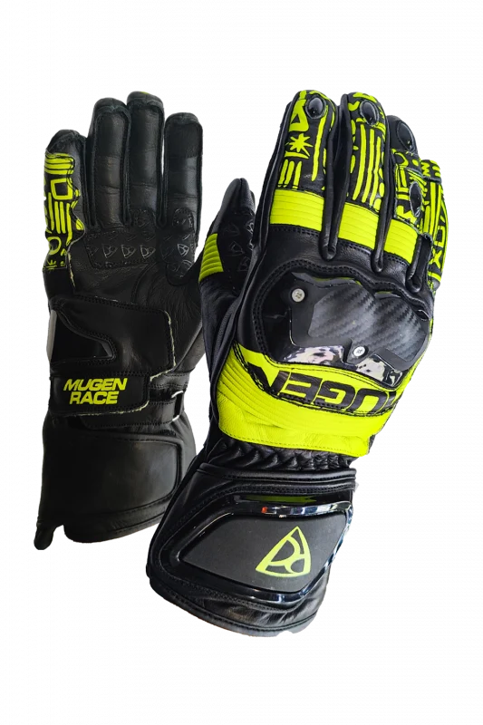 MUGRNRACE LE-VI SPORT Moto Cuero Guantes Negro Amarillo Fluo