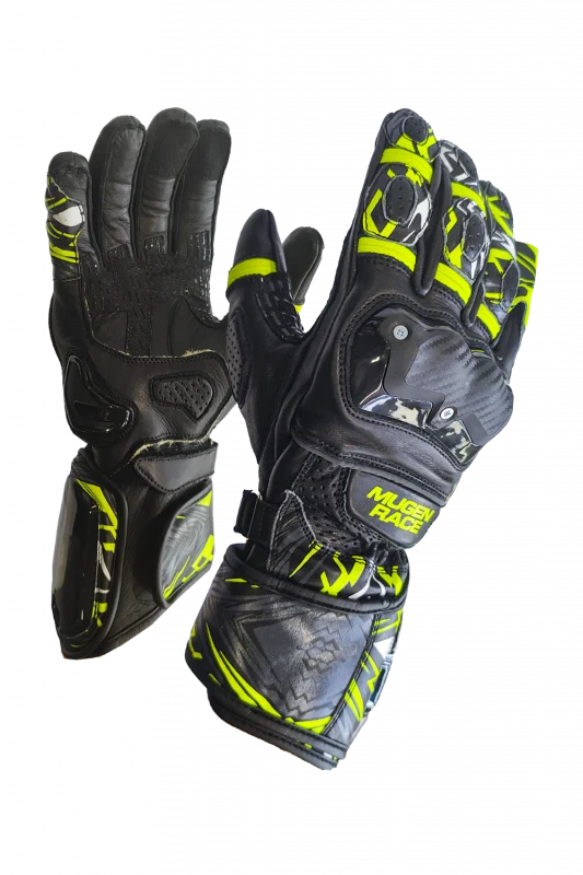 MUGENRACE 2483 MOONE SPORT Moto Cuero Guantes Negro Amarillo Fluo