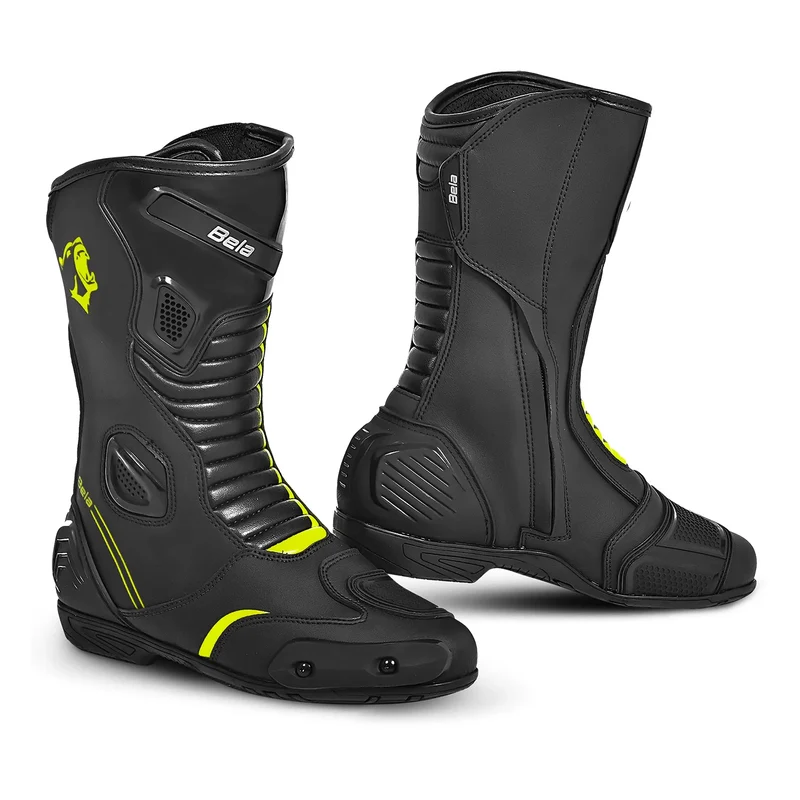 BELA STRIP BOTAS DE MOTO DE RACING PIEL NEGRO AMARILLO FLOUR