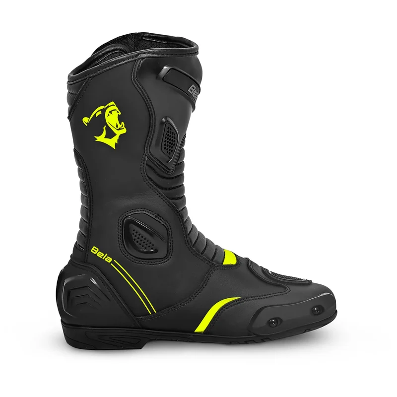 BELA STRIP BOTAS DE MOTO DE RACING PIEL NEGRO AMARILLO FLOUR