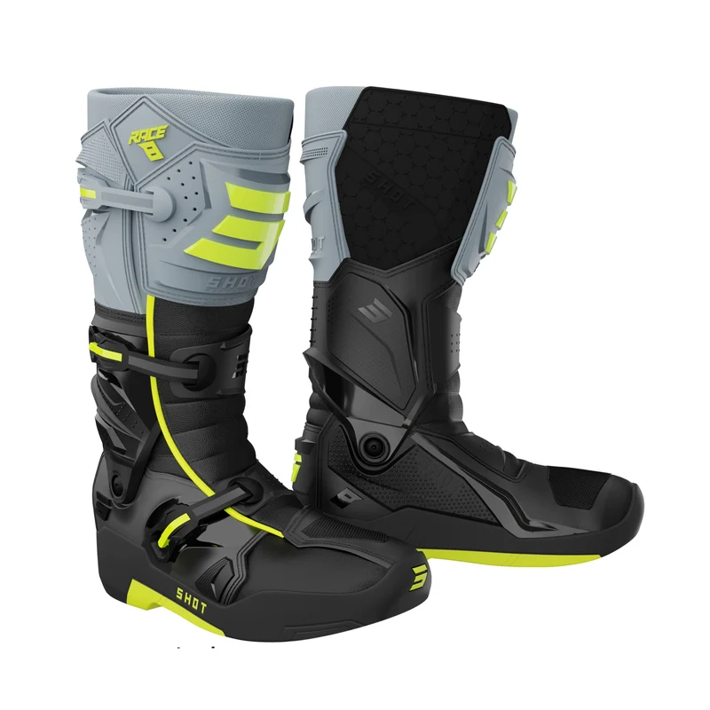 SHOT RACE 8 BOTAS DE MOTOCROSS NEGRO/GRIS/NEON AMARILLO