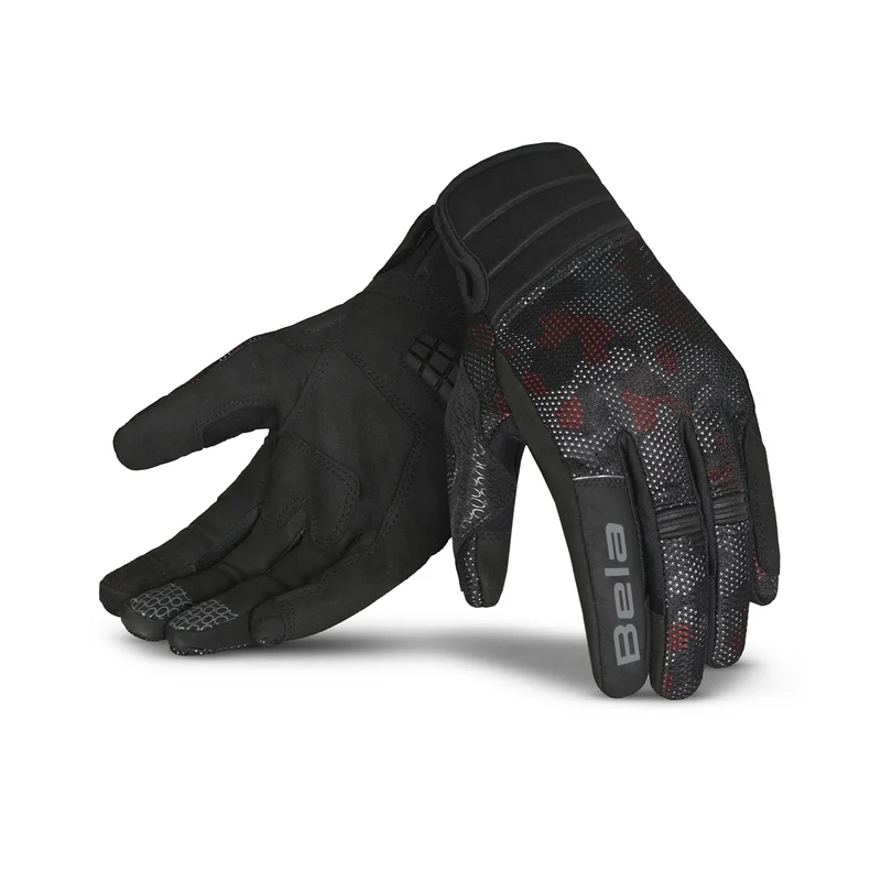 BELA CIRUS CAMO GUANTES DE MOTO TEXTIL VERANO NEGRO ROJO CAMO